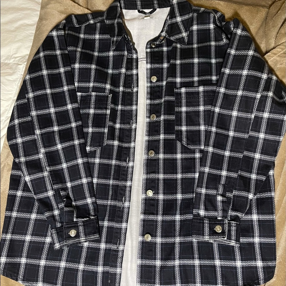 Topshop Plaid Denim Shacket Navy - Picture 2 of 6